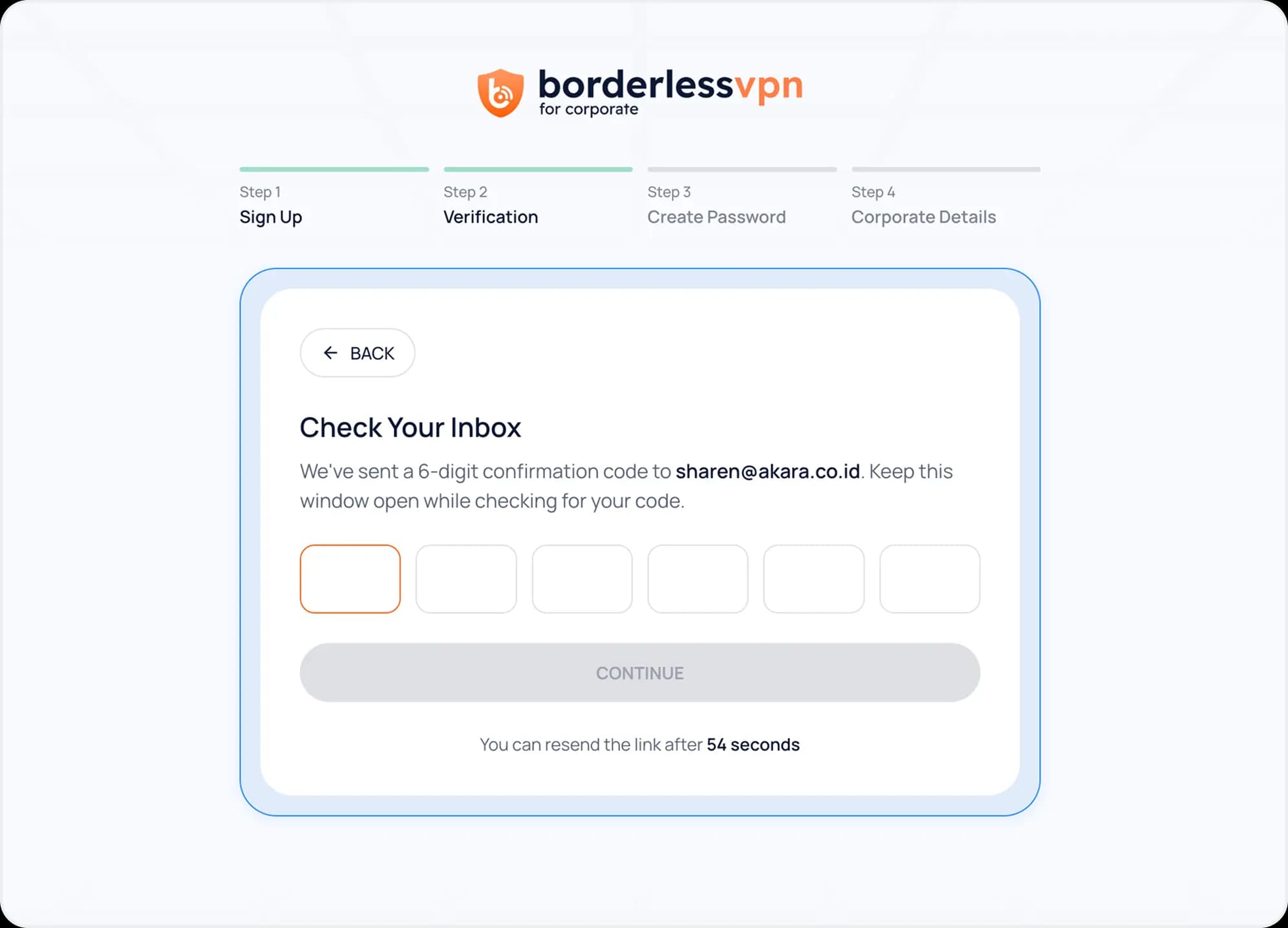 Email confirmation code input screen