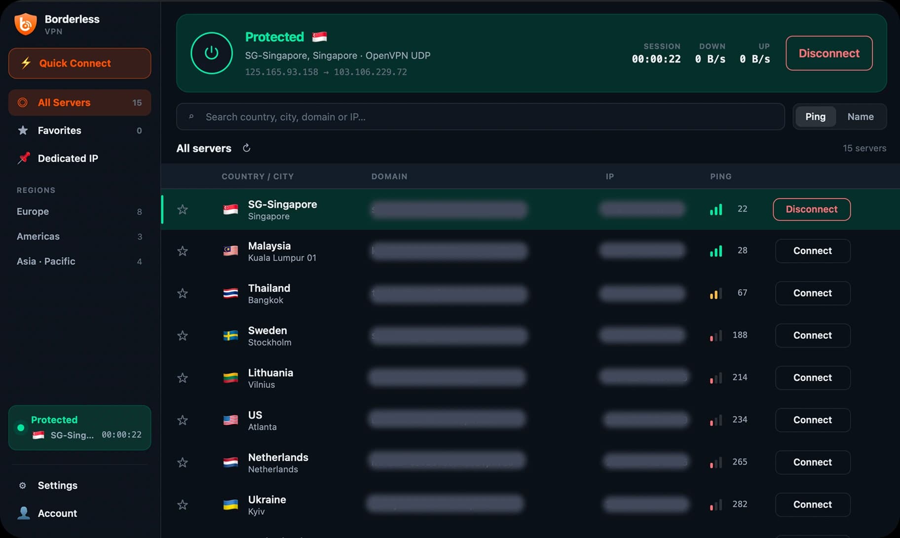 BorderlessVPN macOS app showing an active, connected VPN session