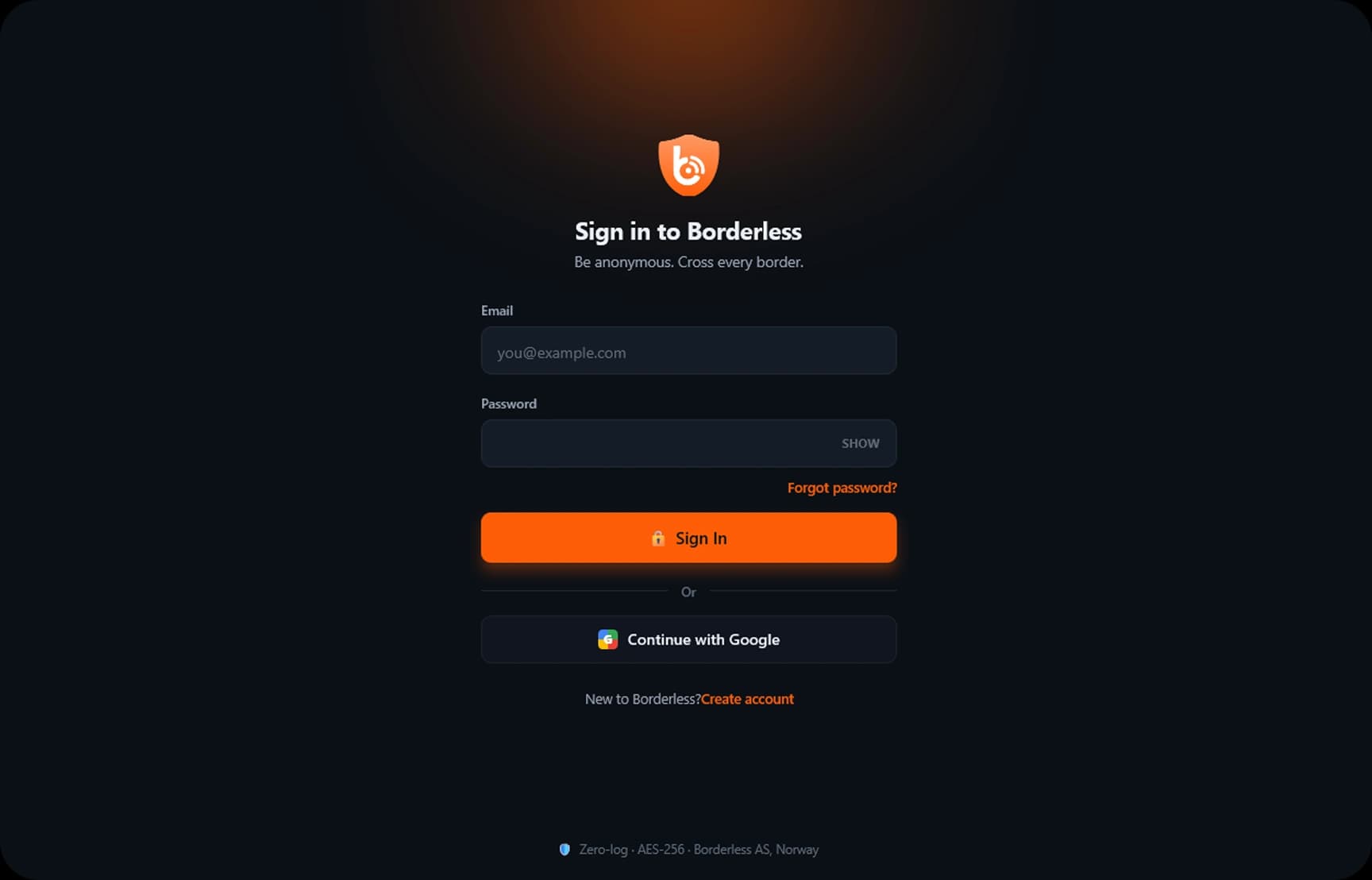 BorderlessVPN Windows client sign-in screen