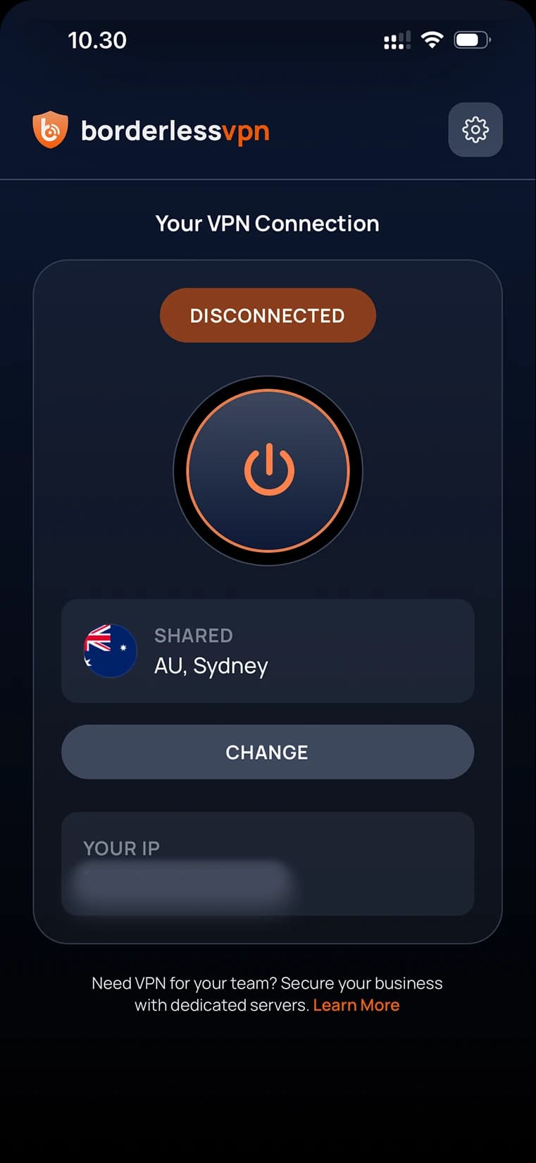 BorderlessVPN iOS home screen with the server picker and Connect button